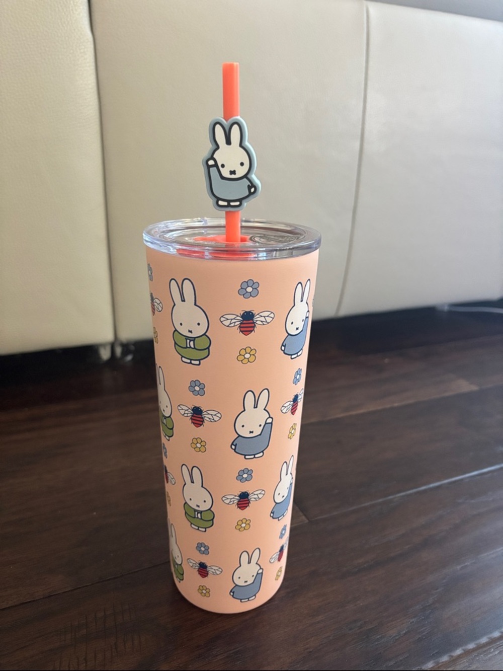 miffy Peach Bunny Pattern Double-Wall Tumbler with Coral Straw